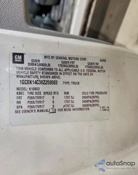 2008 Chevrolet Silverado K1500 z USA, uszkodzony, nr VIN 1GCEK14C38Z259583